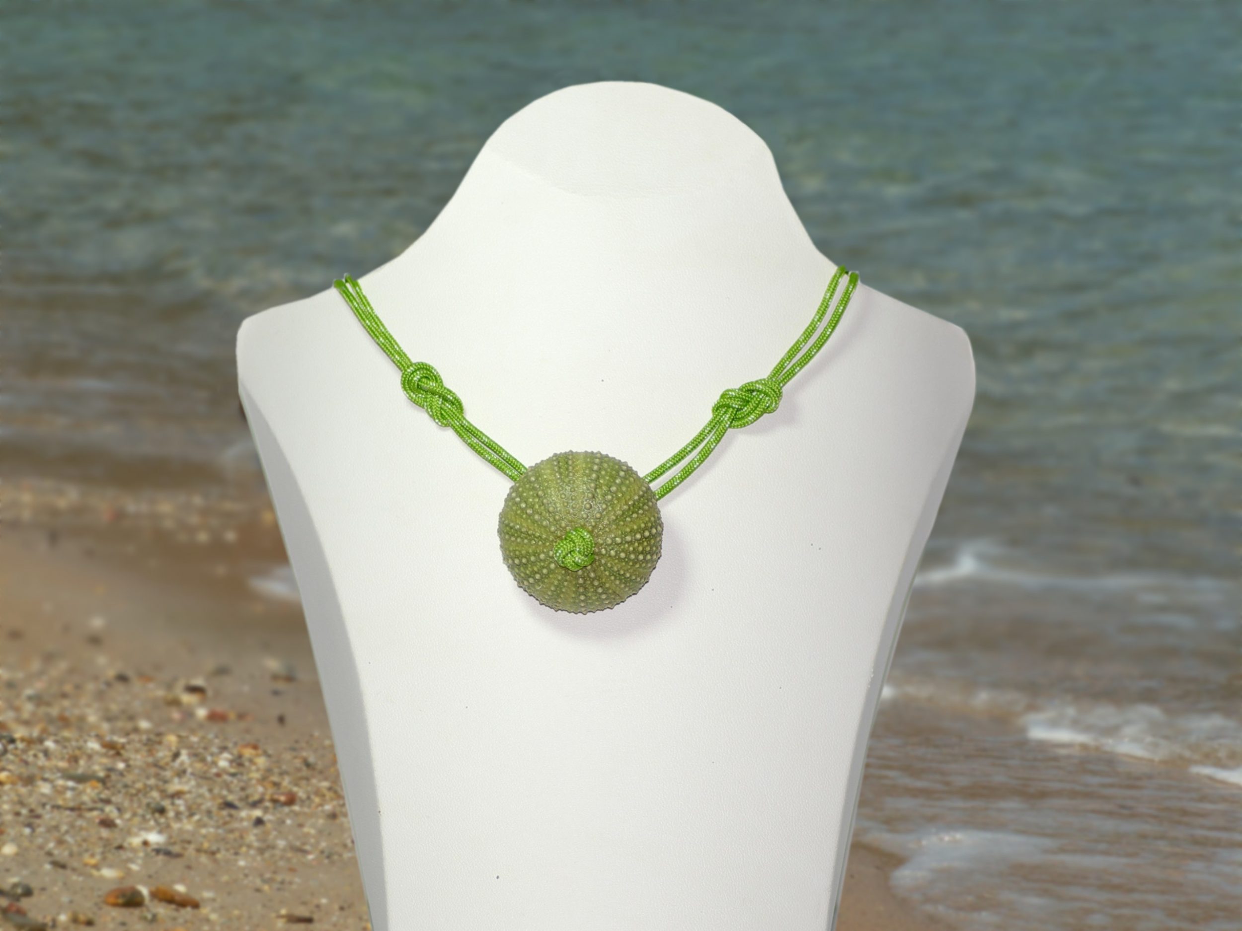collier oursin vert et corde verte, photo sur fond de plage