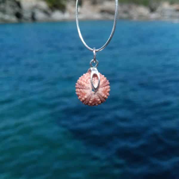 collier avec un petit pendentif mini oursin rose et une chaîne fine en argent