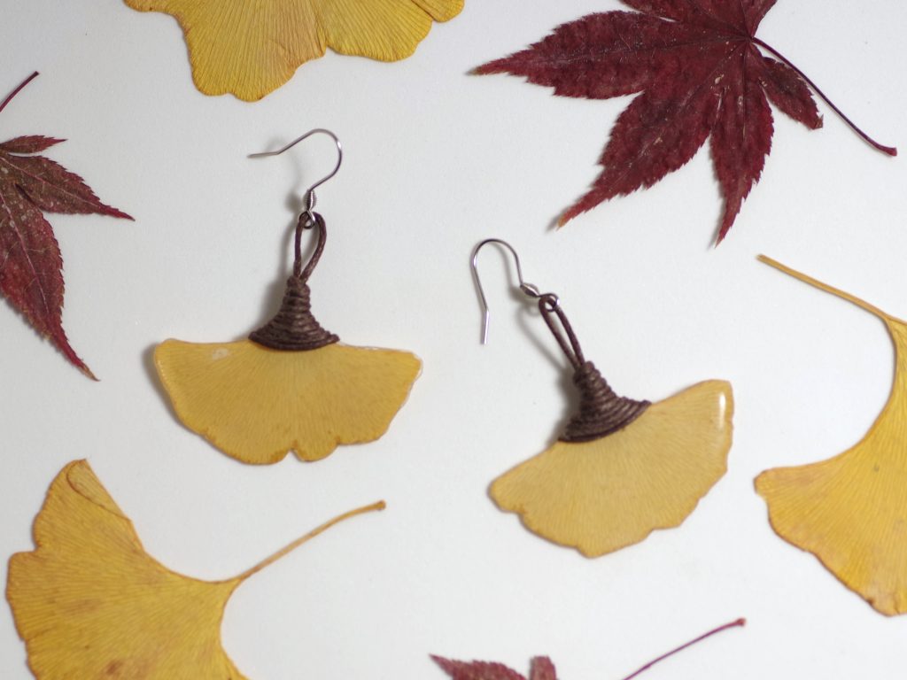 boucles d'oreilles végétales, pendentifs petites feuilles de ginkgo biloba jaunes