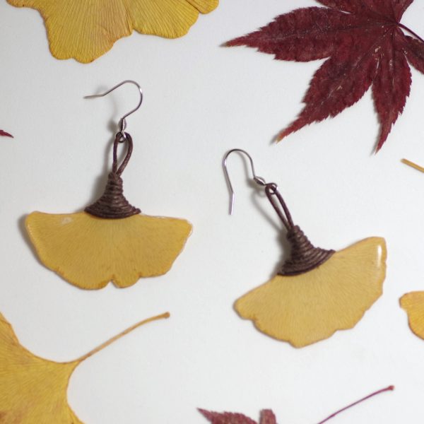 boucles d'oreilles végétales, pendentifs petites feuilles de ginkgo biloba jaunes