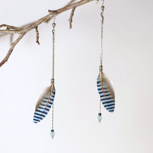 boucles d'oreilles longues et fines avec des chaines en inox, des plumes bleues de geaiet de ptites perles bleues.