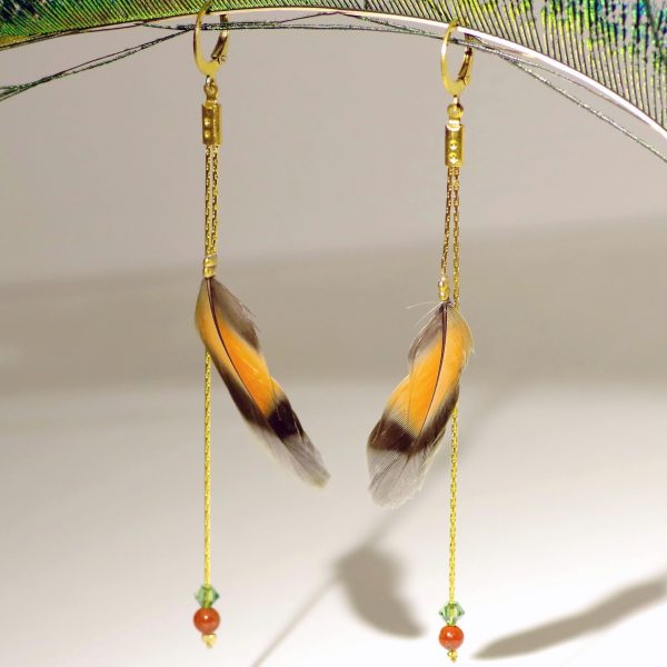 Boucles d'oreilles à plume de lovebird et deux fines chaînes en inox doré. Les plumes sont gris et orange