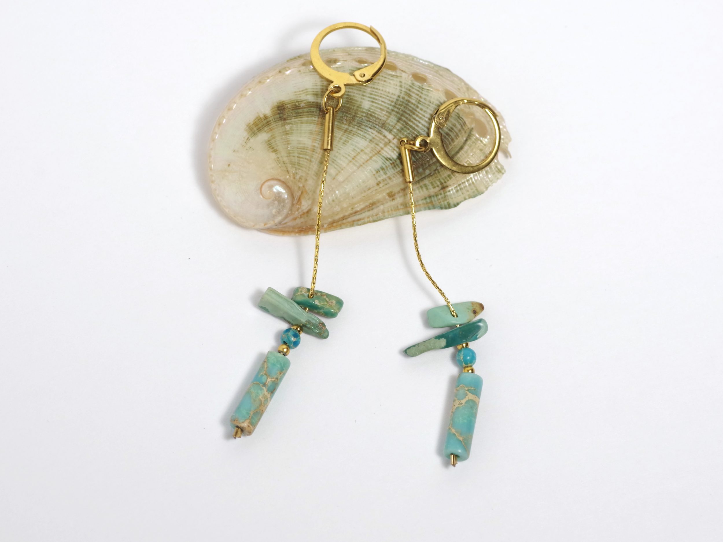boucles d'oreilles dorées avec des pierres bleu turquoise, jaspe impérial bleu