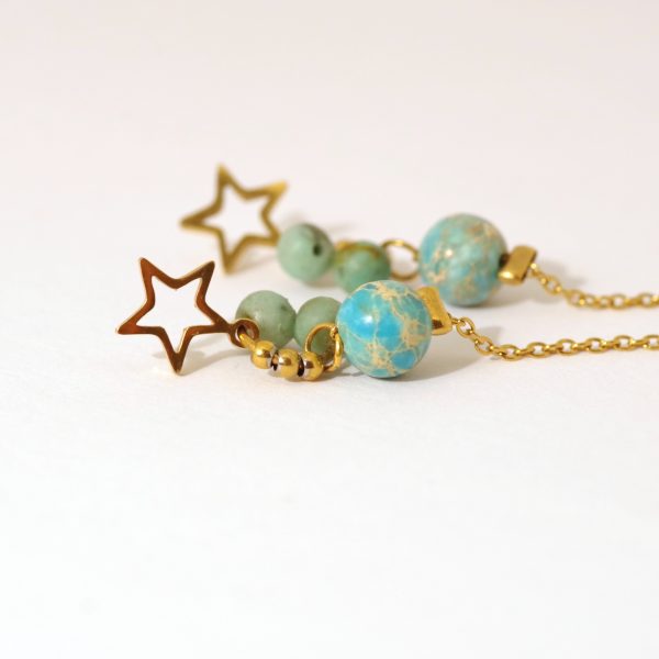 Chaînes d'oreilles dorées avec étoile, pierres turquoises et jaspe impérial turquoise