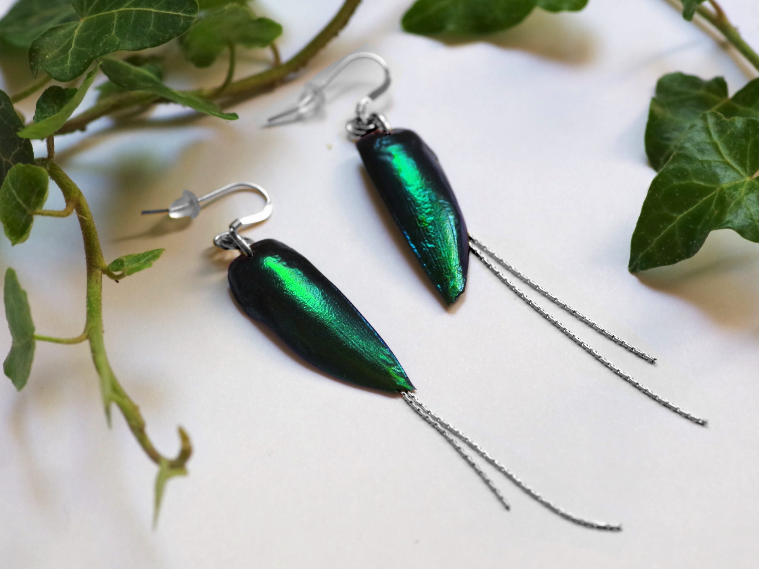 boucles d'oreilles avec élytres de scarabées verts aux reflets bleu-verts, et deux chaînes fines argentées