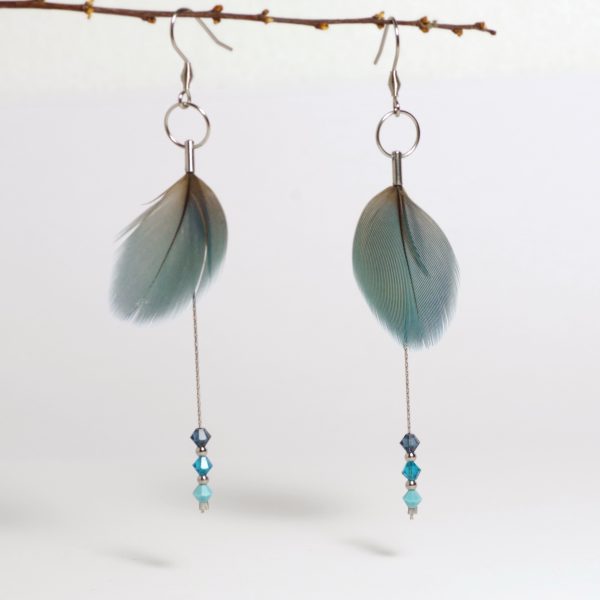 Boucles d'oreilles en plumes bleues et chaînes inox avec des petites perles facettées assorties.