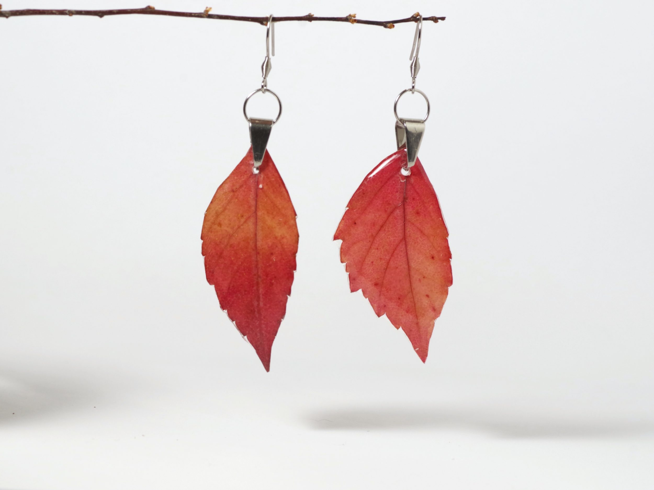 boucles d'oreilles en vraies feuilles rouges cristallisées. Supports en inox.
