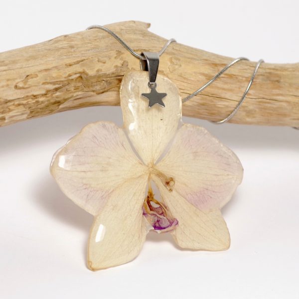 Pendentif véritable orchidée cristallisée. Fleur rose pâle sur une chaîne en inox.