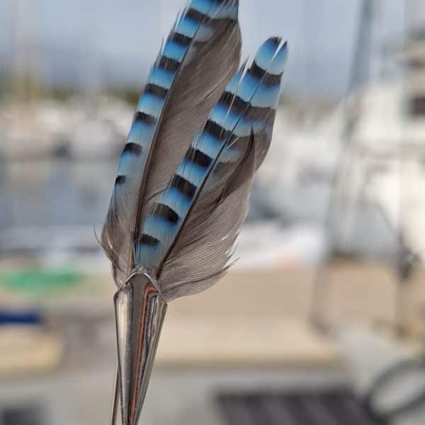 RÉSERVÉ Broche à  chapeau, plumes de geai.