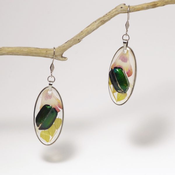 Boucles d'oreilles pendantes avec des petits élytres de scarabées, des fougères et des pétales en inclusion dans de la résine.