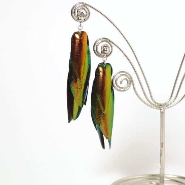Boucles d'oreilles réalisées avec plusieurs élytres de scarabées aux reflets verts et cuivrés
