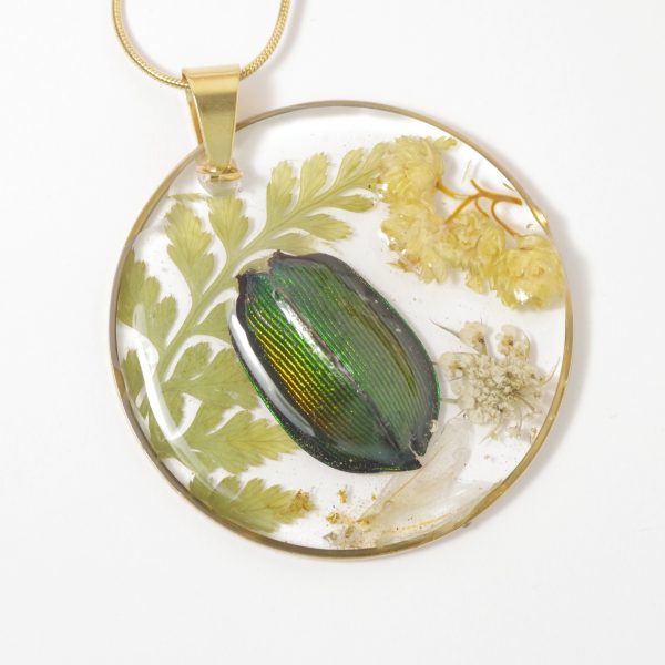 Pendentif nature : vrai scarabée et immortelles en inclusion dans une résine transparente.