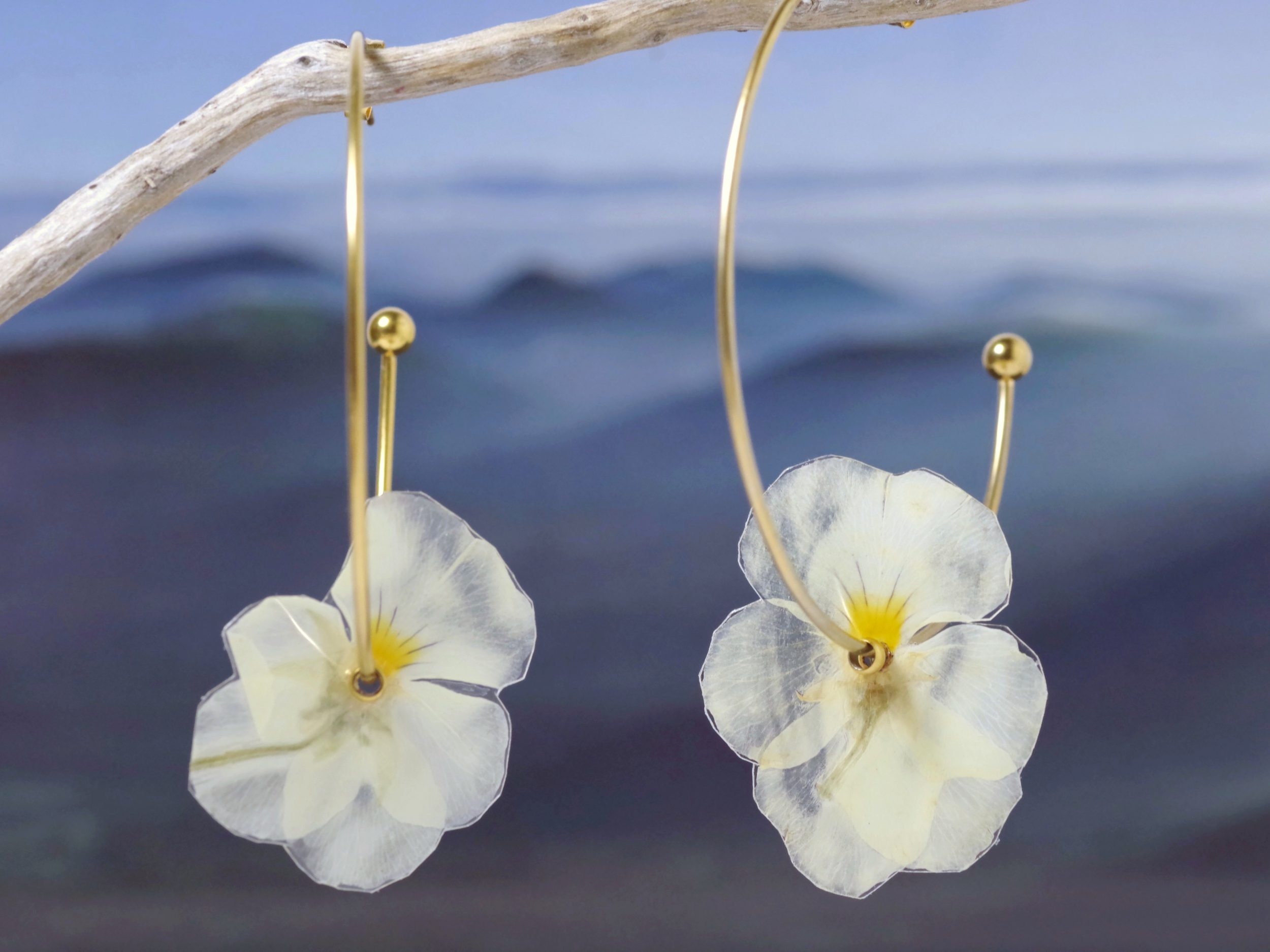 Des boucles d'oreilles nature avec des petites pensées blanches et jaunes sur de grandes créoles en inox doré.