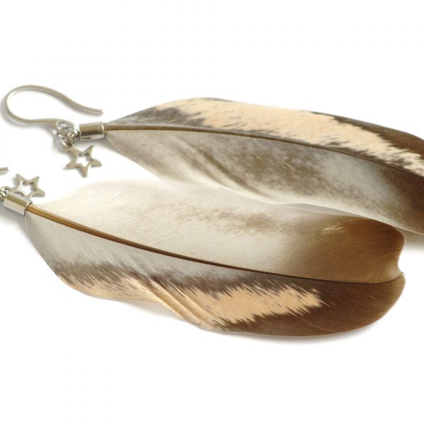 Belles plumes originales, de couleurs gris et nude, montées en boucles d'oreilles , simplement avec une petite étoile argentée.