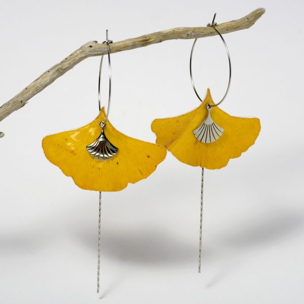 Boucles d'oreilles réalisées avec des vraies feuilles de ginkgo biloba jaune ocre en forme d'éventail. Les feuilles sont enfilées sur des créoles.