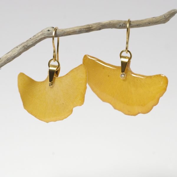 Feuilles de ginkgo en éventail montées en boucles d'oreilles. Elles sont jaune ocre.