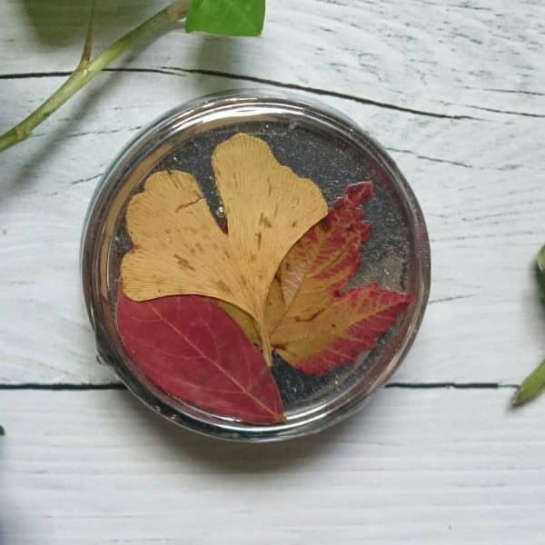 Grande boite à pilules ronde, décor d'automne