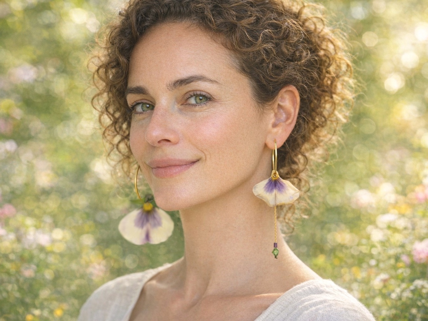 boucles d'oreilles végétales asymétriques (pétales de pensées sur créoles dorées) portés par une jeune femme. image générée par IA