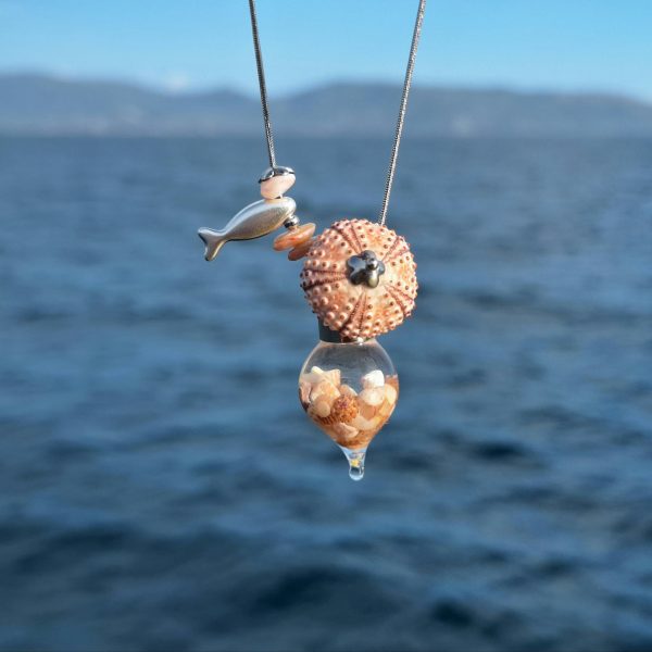 Collier Calypso, oursin rose et coquillages mini
