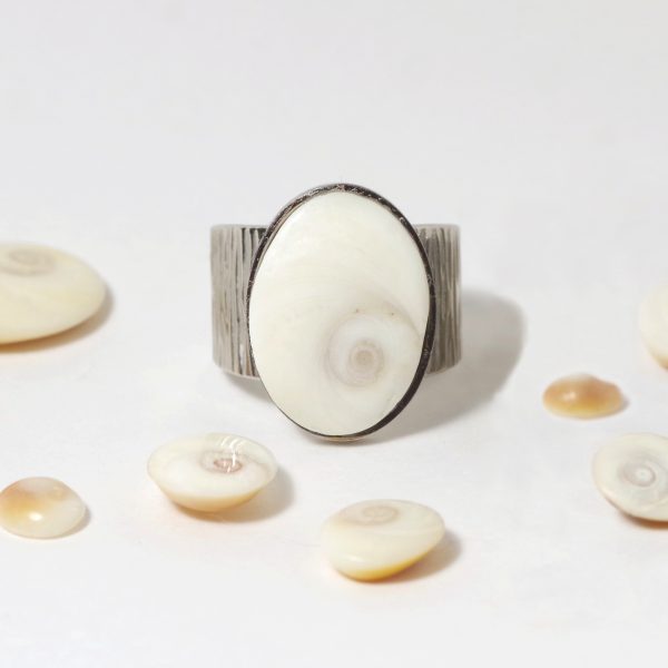 Un très gros œil de sainte Lucie monté sur une belle bague en inox texturé.