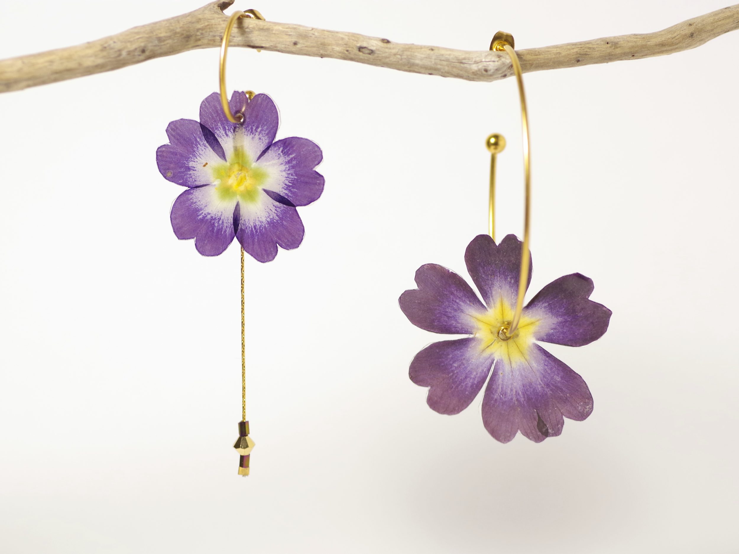 Belles primevères violettes et jaunes sur des créoles asymétriques dorées.