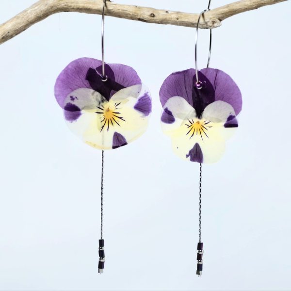 Boucles d'oreilles Elfy, pensées bicolores violet et jaune