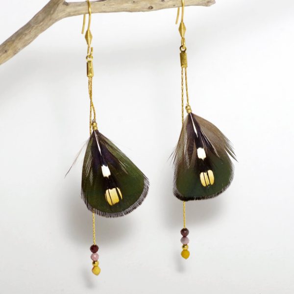 RÉSERVÉ : Boucles d'oreilles Oiseau Du Soir, plumes superposées
